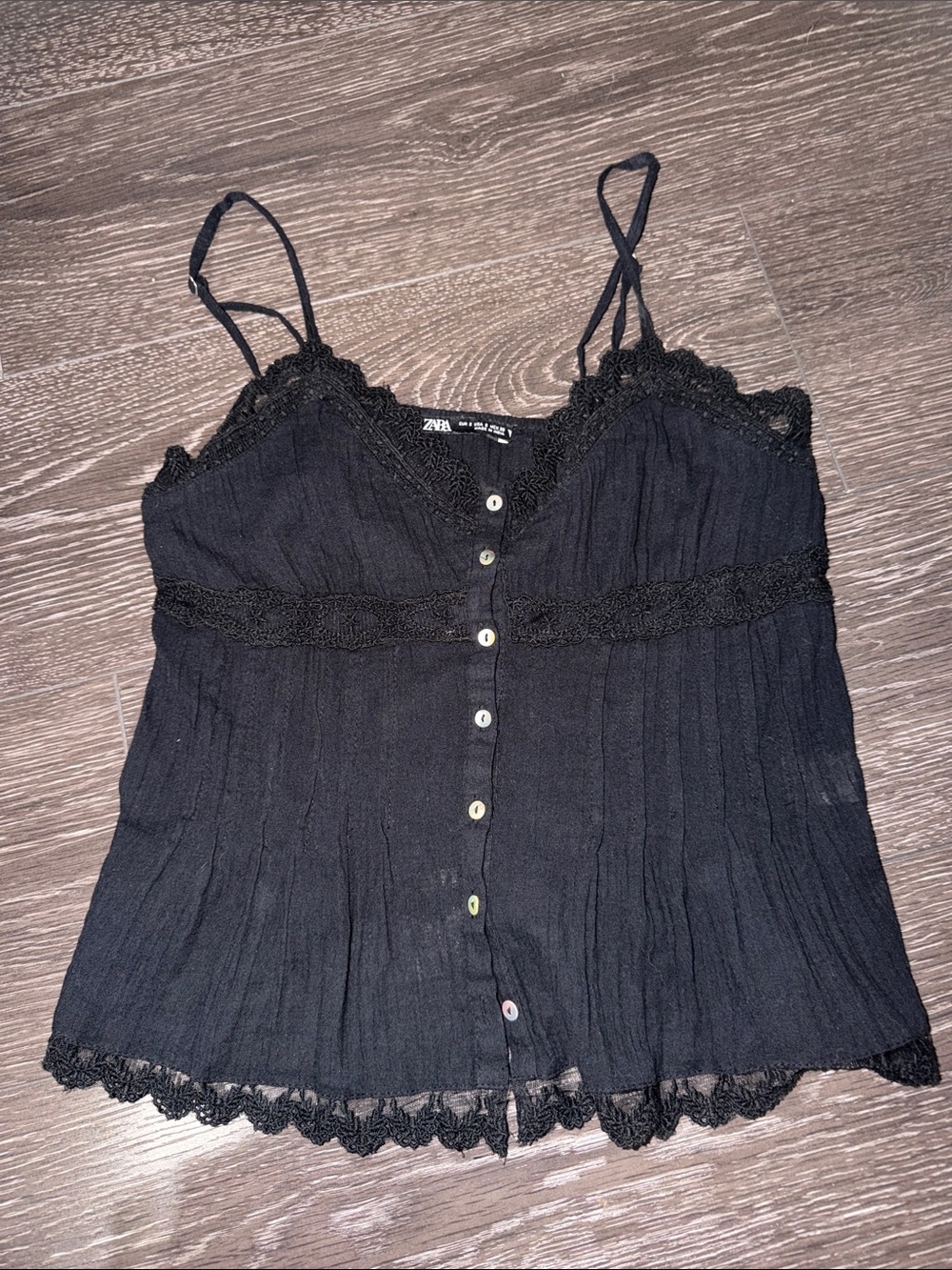 Zara Black Lace-Trim Button-Front Spaghetti Strap Cami